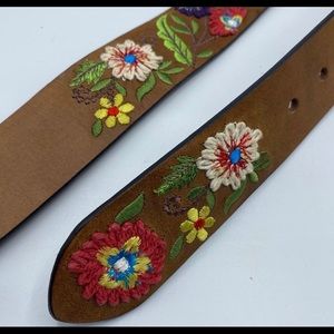 Boho Brown Leather Embroidered Floral 39” belt
